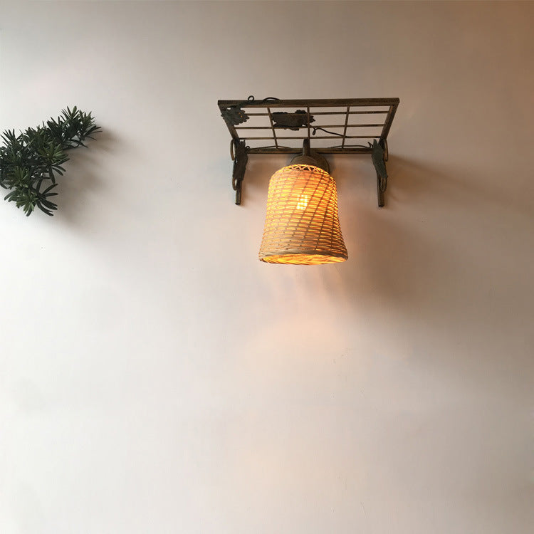 Lámpara Aplique de Pared de 1 Luz con Cilindro de Hierro y Bambú Tejido Cuadrícula Rectangular Rústica Tradicional para Sala de Estar 
