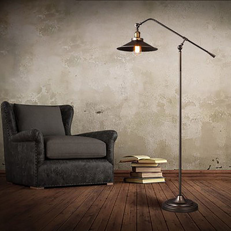 Zeitgenössische industrielle zylindrische Stehlampe mit langem Arm aus Eisen mit 1 Licht für Schlafzimmer 