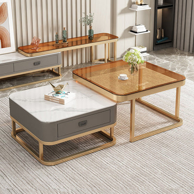 Table basse moderne minimaliste carrée en dalle de roche, verre et métal, avec 1 tiroir pour le salon 