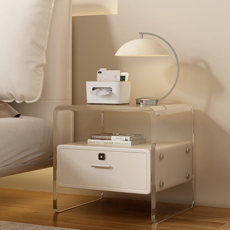 Modern Minimalist Cubic Rectangular Acrylic Pine Wood Microfiber Leather Nightstand 1-Drawer For Bedside