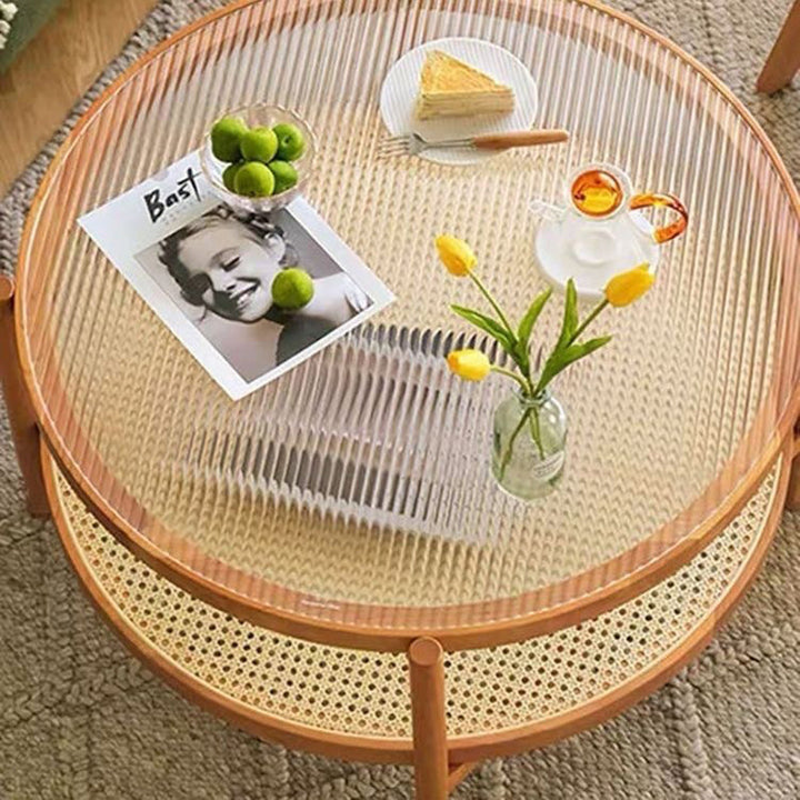Table basse ronde minimaliste moderne en hévéa avec plateau en verre et faux rotin, à 2 niveaux, pour salon 