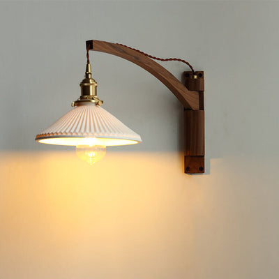 Nordic Milk White Striped Glass Walnut Retractable 1-Light Wall Sconce Lamp