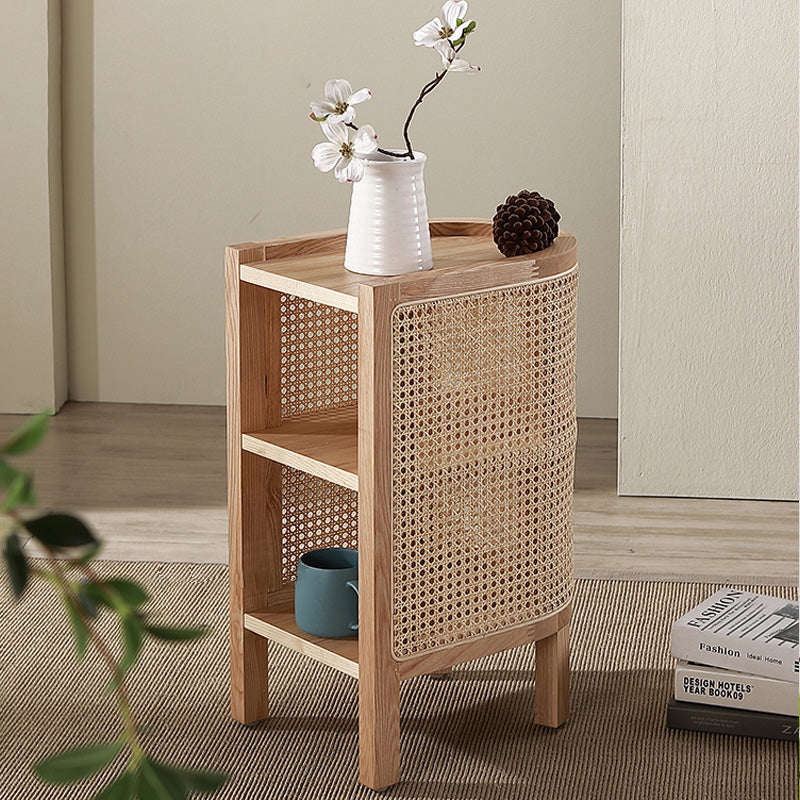 Traditional Japanese Weaving Semicircular Elliptical Faux Rattan Ash Wood Nightstand 2-Storage For Bedside