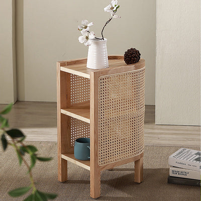 Table de nuit en bois de frêne avec tissage japonais traditionnel semi-circulaire elliptique en rotin à 2 rangements pour le chevet 