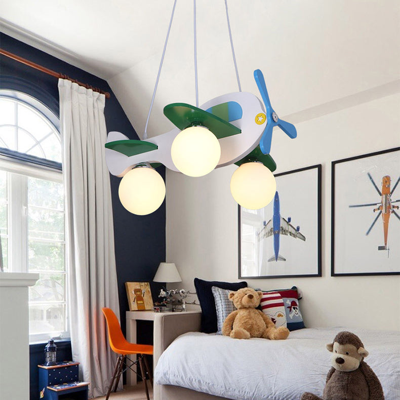 Contemporary Creative Wooden Board Propeller Plane 3-Light Kids Chandelier For Living Room