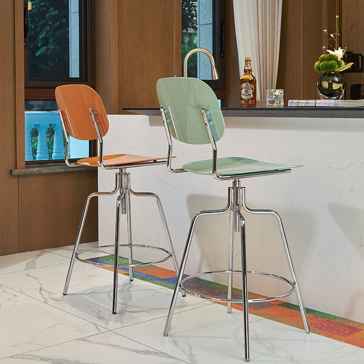 Zeitgenössischer skandinavischer quadratischer Barhocker mit Kunststoff-Metallrahmen, Rückenlehne und Fußstütze für das Esszimmer 