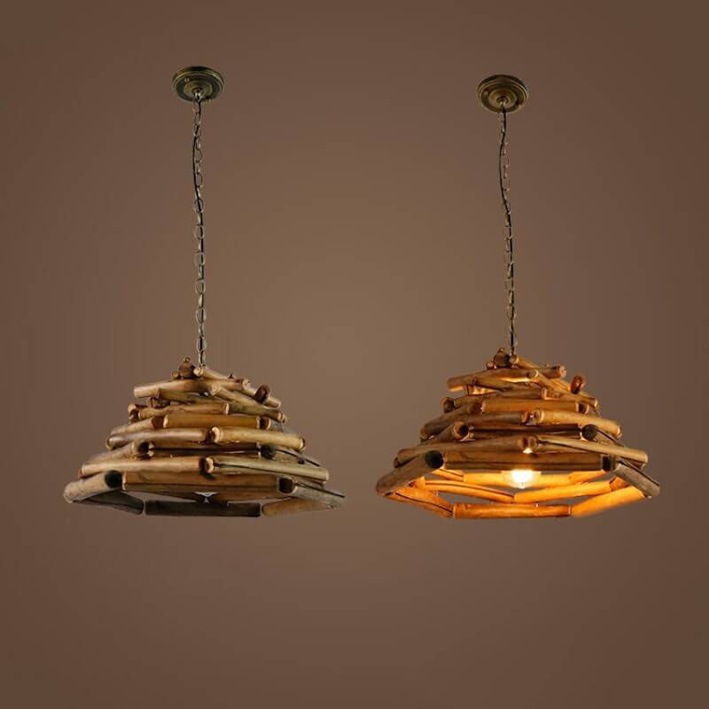 Traditional Vintage Solid Wood Iron Tree Branch Cone 1-Light Pendant Light for Living Room