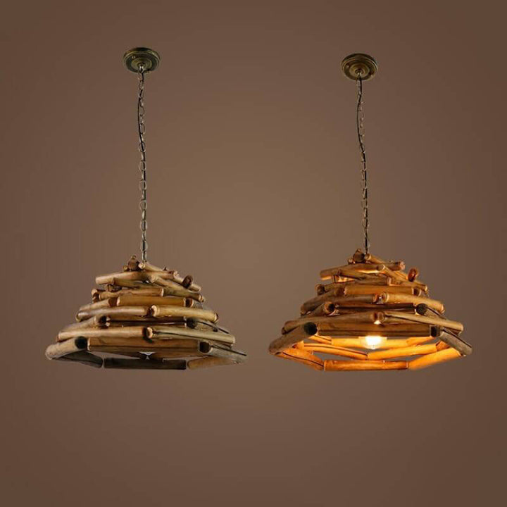 Traditional Vintage Solid Wood Iron Tree Branch Cone 1-Light Pendant Light for Living Room