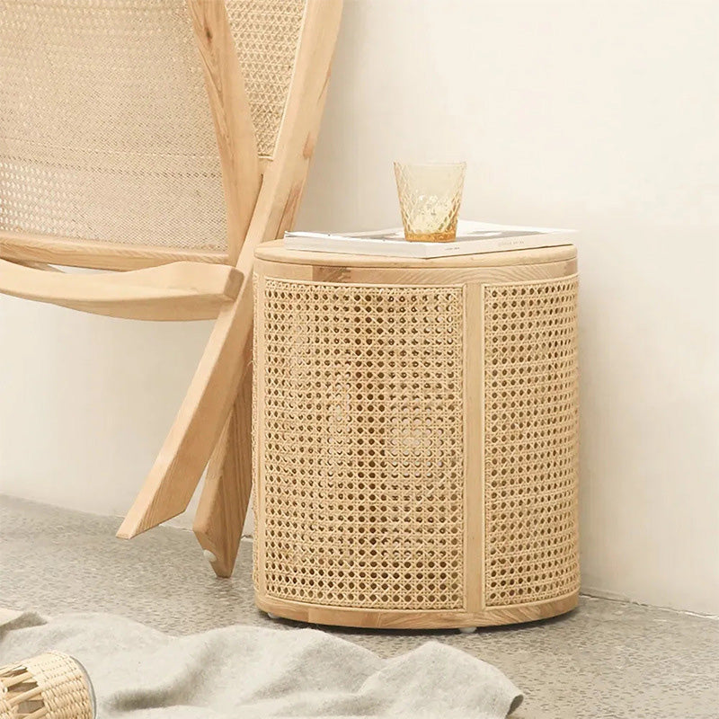 Contemporary Scandinavian Cylindrical Ash Wood Indonesian Rattan Coffee Table For Living Room