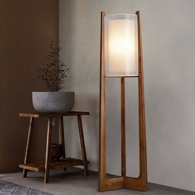 Japanese Minimalist Solid Wood Fabric Column 1-Light Standing Floor Lamp