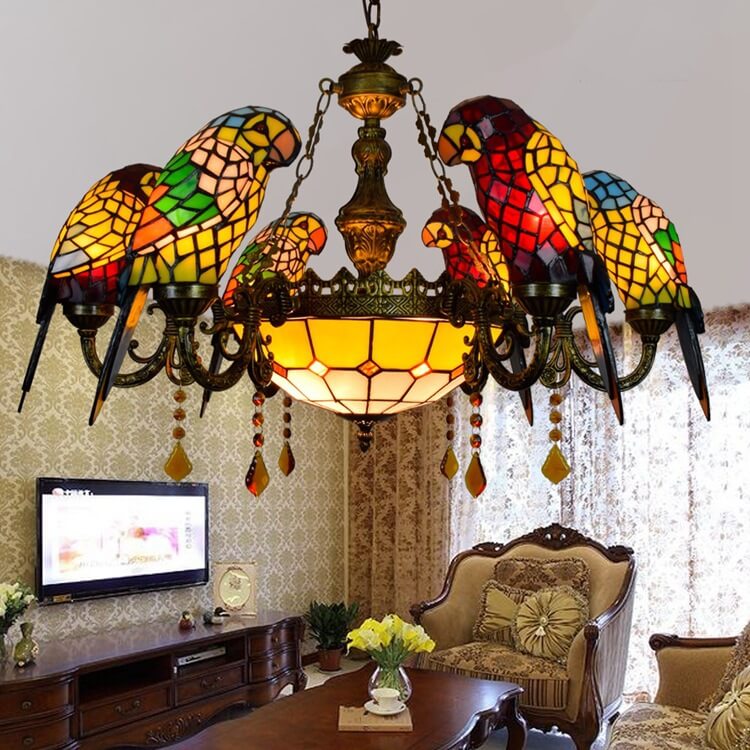 Tiffany Light Luxury Stained Glass Parrot 8-Light Chandelier