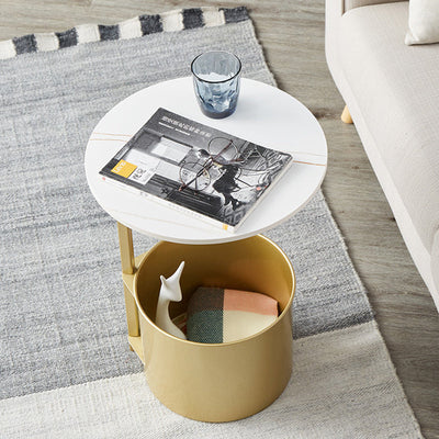 Table d'appoint moderne minimaliste ronde en fer avec plateau en pierre - 1 rangement pour salon 