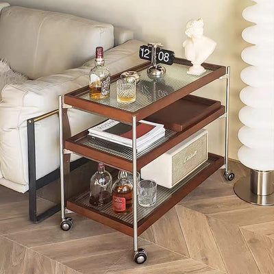 Table d'appoint carrée minimaliste moderne en acier inoxydable, verre et bois avec roulettes triple pour salon 