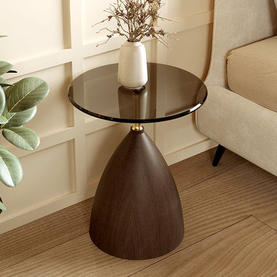 Moderner minimalistischer runder Kegelbasis-Glas-Kohlenstoffstahl-Beistelltisch für das Wohnzimmer 