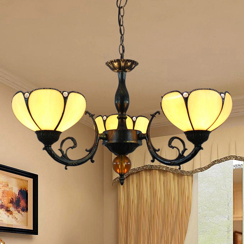Chandelier à 3 lumières en verre teinté en alliage de fer fleur Tiffany traditionnel pour salon 