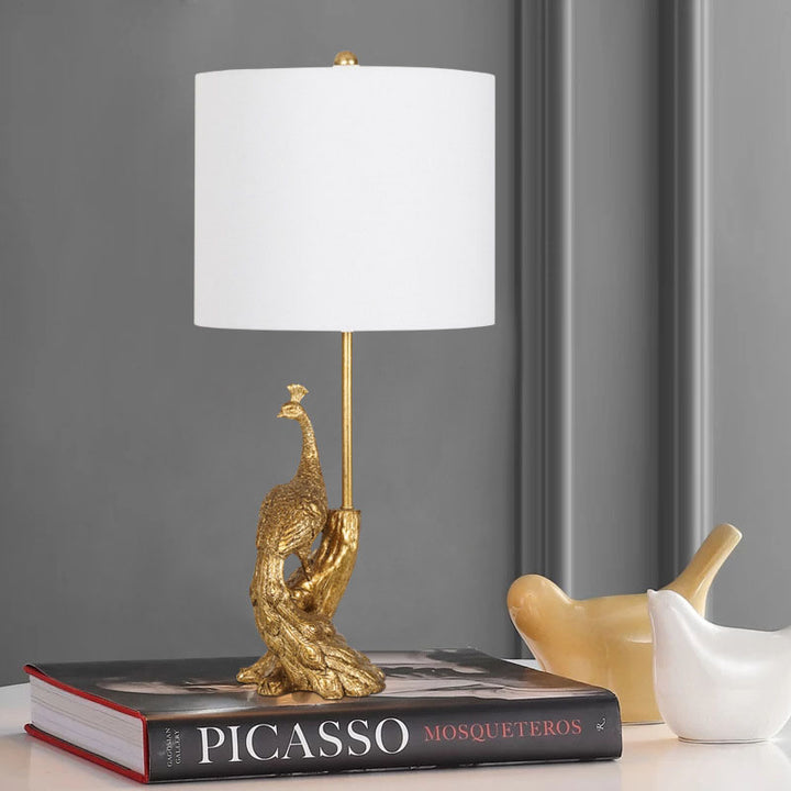 Lámpara de Mesa de 1 Luz con Tela de Resina de Pavo Real Cilíndrica Vintage Tradicional con Lámina de Oro para Dormitorio 