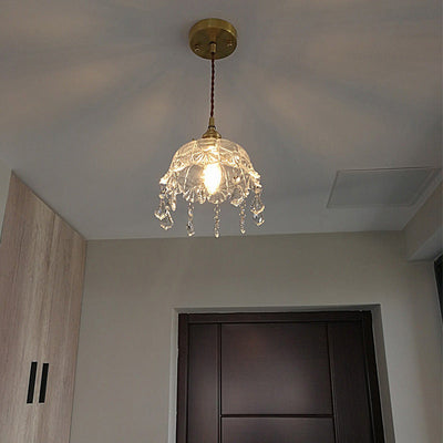 Luminaire suspendu contemporain nordique rond en laiton sculpté avec verre et cristal à 1 lumière pour salon 
