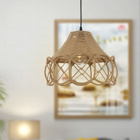 Japanese Retro Hemp Rope Weaving Flower Basket Iron 1-Light Pendant Light