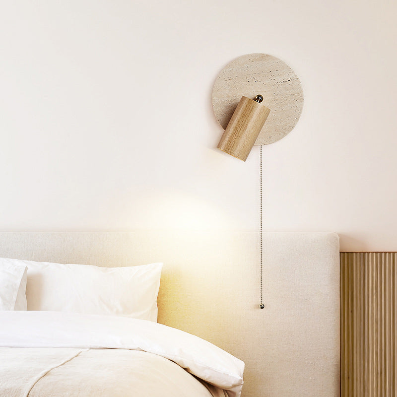 Moderne Mid-Century Runde Zylinder Massivholz Beige Travertin 1-Licht Wandleuchte Lampe für Schlafzimmer 