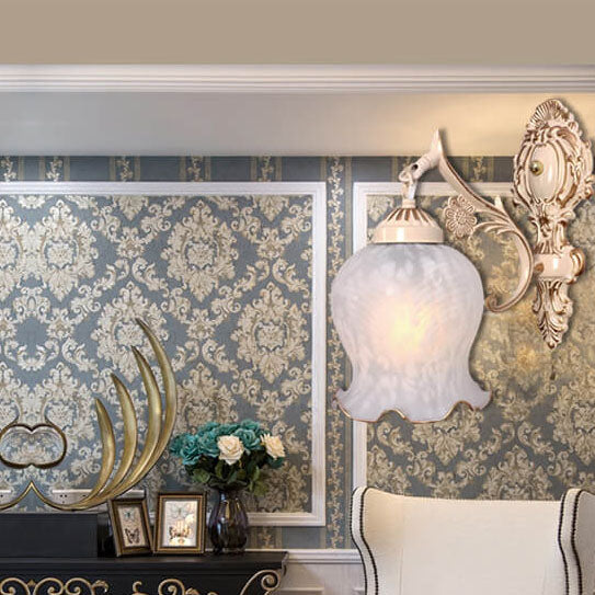 Aplique de pared de lujo ligero europeo de cobre completo con pantalla de flores 1/2 luces 