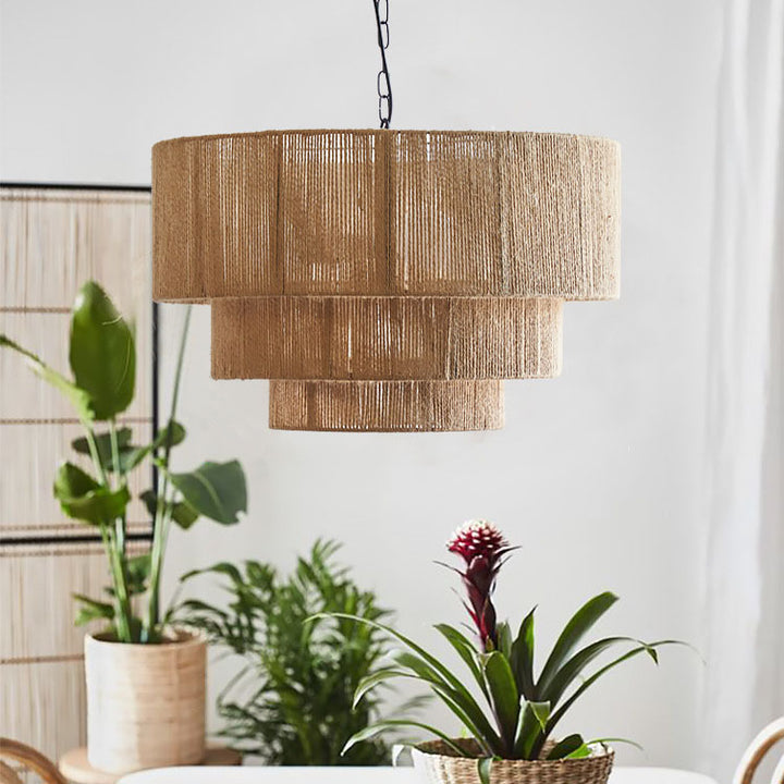 Zeitgenössische Boho Eisen Kordel Runde 3-Licht Pendelleuchte Für Esszimmer 