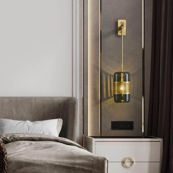 Lámpara de pared cilíndrica de vidrio y hierro de lujo contemporáneo de 1 luz para dormitorio y sala de estar 