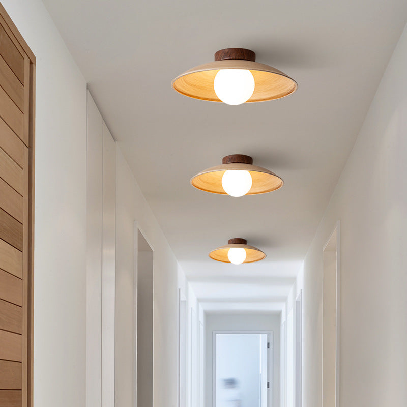 Traditional Japanese Woodgrain Disc Glass Shade 1-Light Semi-Flush Mount Ceiling Light For Hallway
