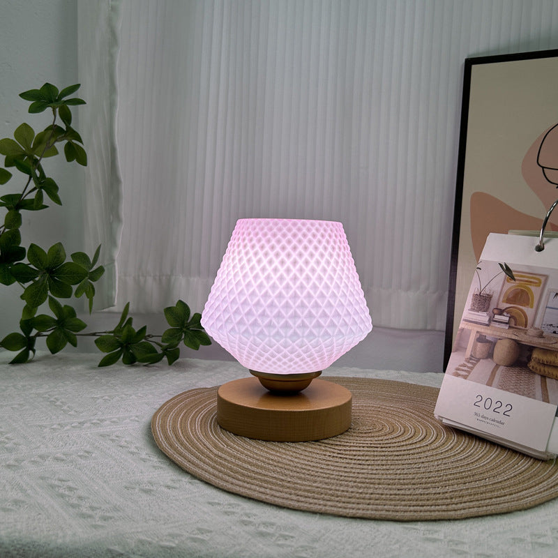 Lampe de table contemporaine en bois et verre à motif nervuré conique 1 lumière pour chevet 