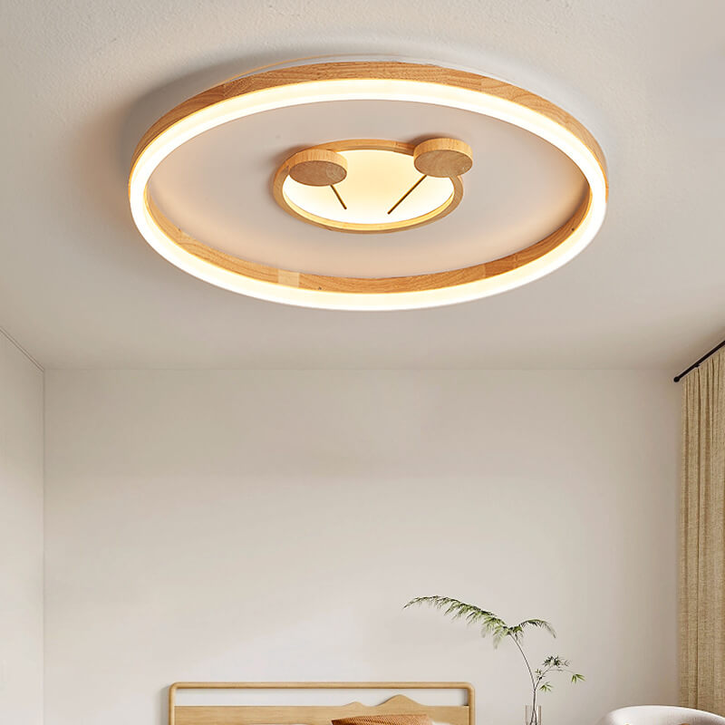 Traditional Japanese Cartoon Round Iron Wood Acrylic LED Flush Mount Ceiling Light For Living Room