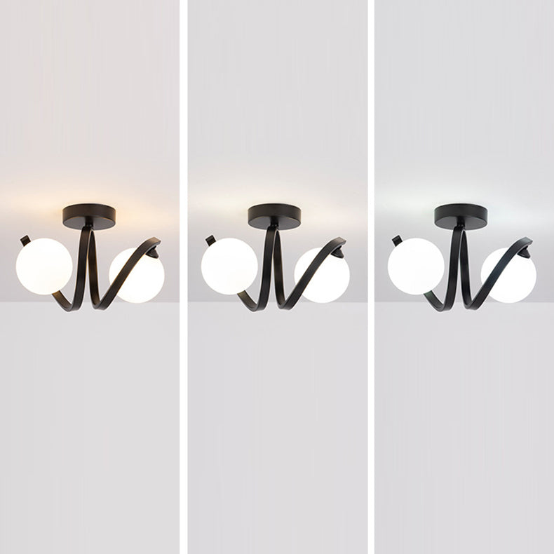Zeitgenössische nordische Zweigkugel-Deckenleuchte aus Glas und Eisen mit 2 Lichtern, halbbündige Montage für Schlafzimmer 