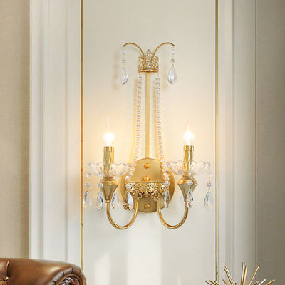 Zeitgenössische Luxus Eisen Kristall Perle Teardrop Anhänger Kerzenhalter 2-Licht Wandleuchte Lampe für Wohnzimmer 