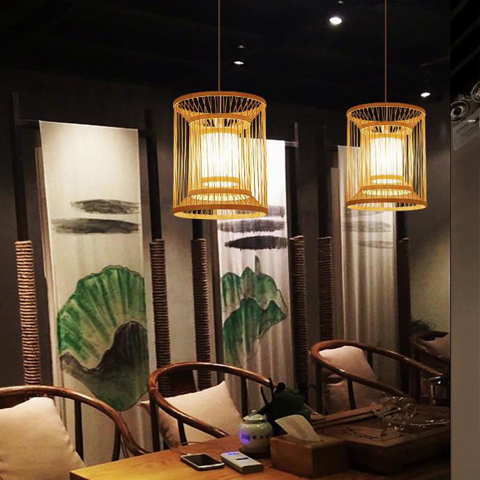 Lustre Suspendu Traditionnel Chinois Rond Vertical en Bambou 1 Lumière Pour Salon 