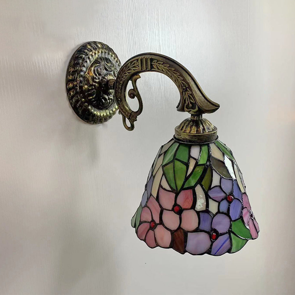 Applique murale en alliage de zinc avec verre teinté Tiffany Flower Cup traditionnelle 1 lumière pour chambre à coucher 