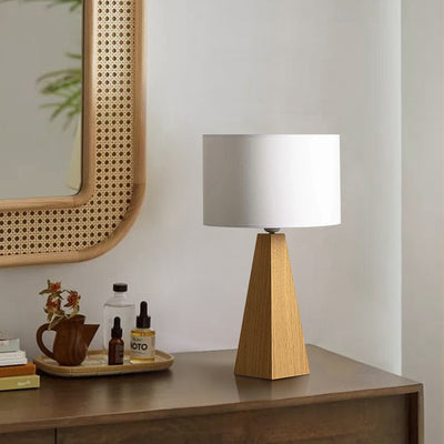 Zeitgenössische kreative zylindrische prismatische Tisch Massivholz Stoff 1-Licht Tischlampe für Schlafzimmer 