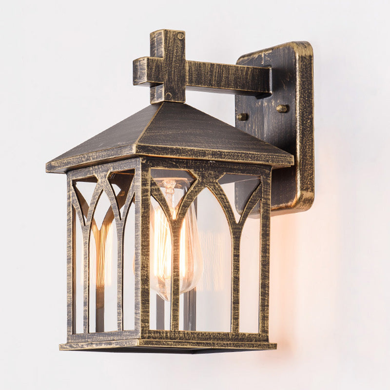 Traditionelle europäische wasserdichte Aluminiumglas-Würfel-1-Licht-Wandleuchterlampe für den Garten 