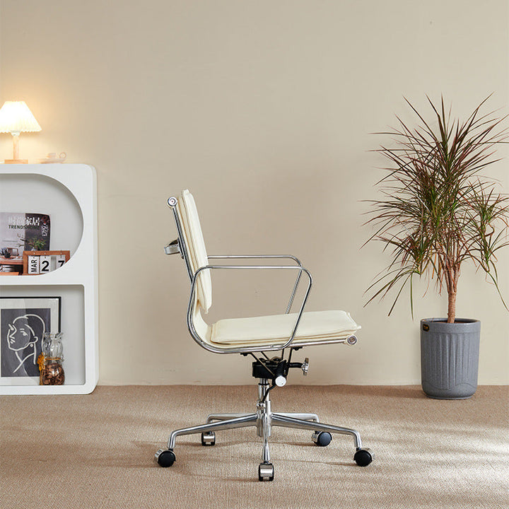 Chaise de bureau en aluminium avec dossier et accoudoirs en cuir artificiel carré rétro contemporain pour maison et bureau 