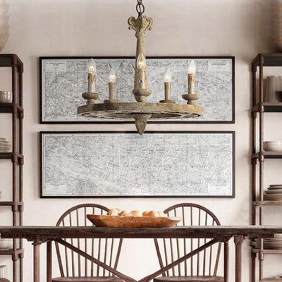 Candelabro redondo de hierro con 6 luces de estilo rústico de granja con madera envejecida para sala de estar 