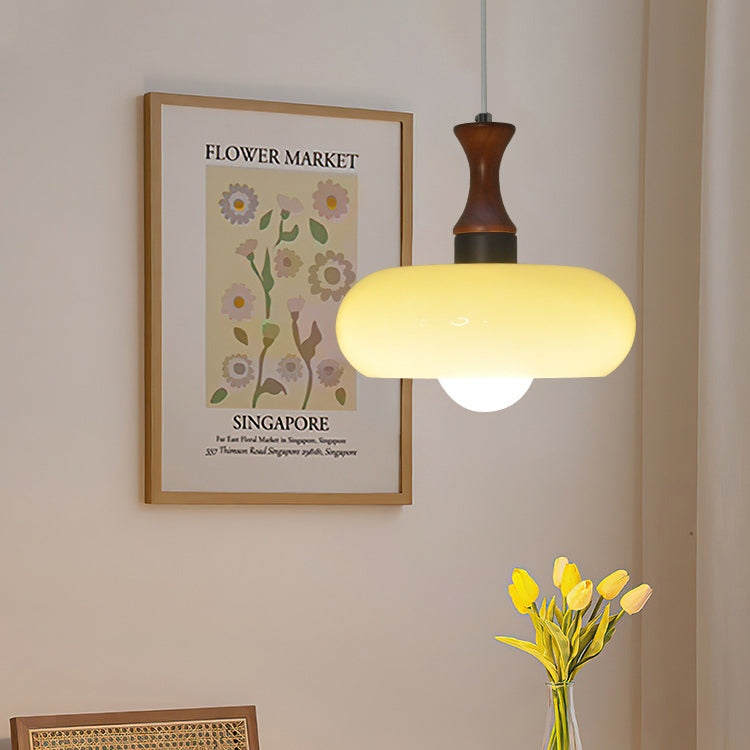Lustre Suspendu Rond en Bois et Verre Vintage Traditionnel à 1 Lumière pour Salle à Manger 