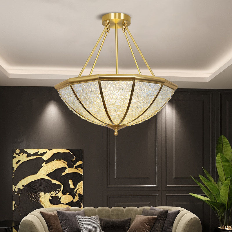 Lustre moderne de luxe avec cadre en cuivre et abat-jour rond en cristal à 5 lumières pour salon 