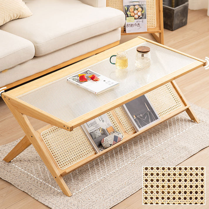 Traditional Japanese Rectangle Z-Shape Bamboo Glass Resin Rattan Weaving Coffee Table For Living Room