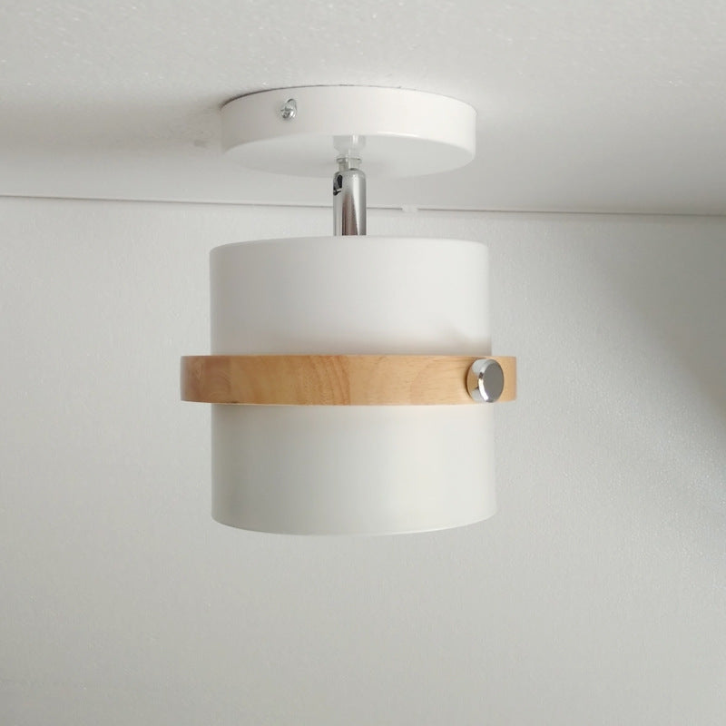 Contemporary Nordic Round Cylinder Iron Solid Wood 1-Light Semi-Flush Mount Ceiling Light For Hallway