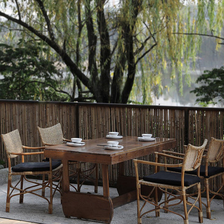 Traditional Farmhouse Weaving Rattan Square Dining Chair Backrest Armrest For Living Room