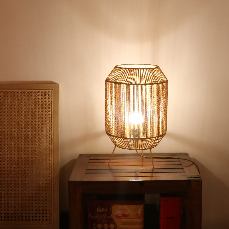 Lámpara de Mesa de 1 Luz con Jaula de Tejido de Cuerda de Cáñamo Rústico Tradicional para Estudio 