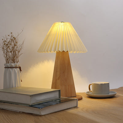 Contemporary Scandinavian Pleated Four Prong Wood Fabric Touch Dimmer LED Table Lamp For Bedroom