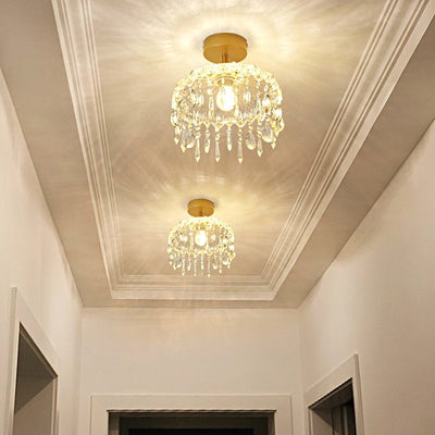 Traditionelle französische runde Deckenleuchte aus Eisen, Kupfer, Glas und Kristall, 1-flammig, halbbündige Montage, für Schlafzimmer 
