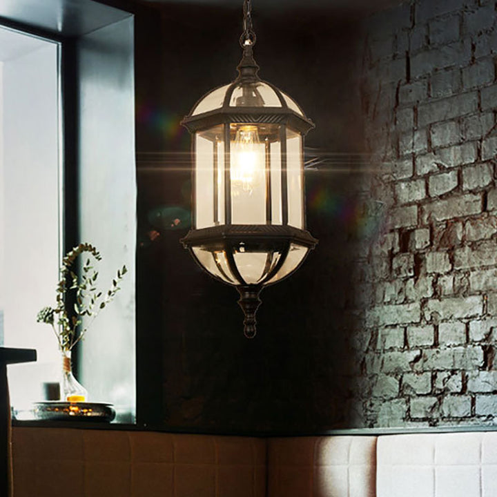 Zeitgenössische Retro sechseckige Laterne Glas Aluminium 1-Licht wasserdichte Pendelleuchte für Terrasse im Freien 