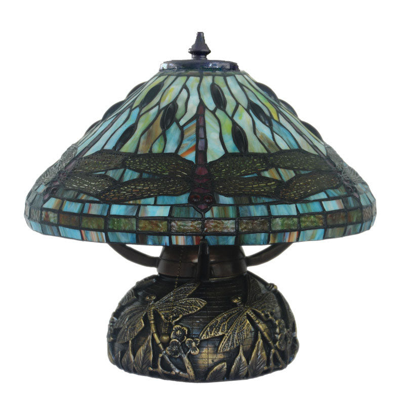 Tiffany Vintage Dragonfly Stained Glass Copper Base 2-Light Table Lamp