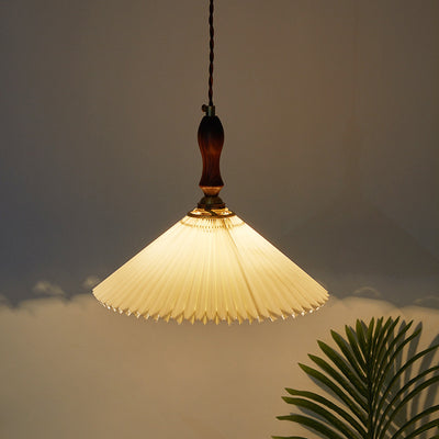 Vintage 1-Light Pleated Fabric Conical Pendant Light