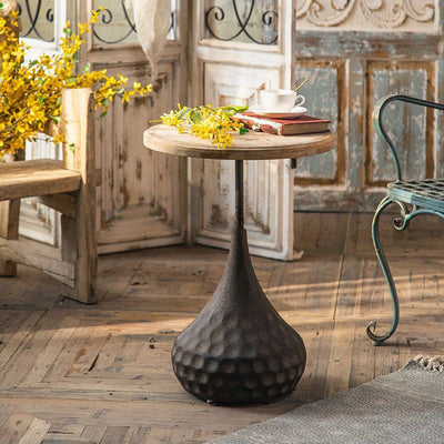Mesa de café tradicional retro redonda ovalada de base de madera y hierro para sala de estar 
