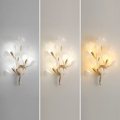 Applique murale contemporaine créative en feuille de ginkgo en fer plastique porcelaine 2/3 lumières pour salon 